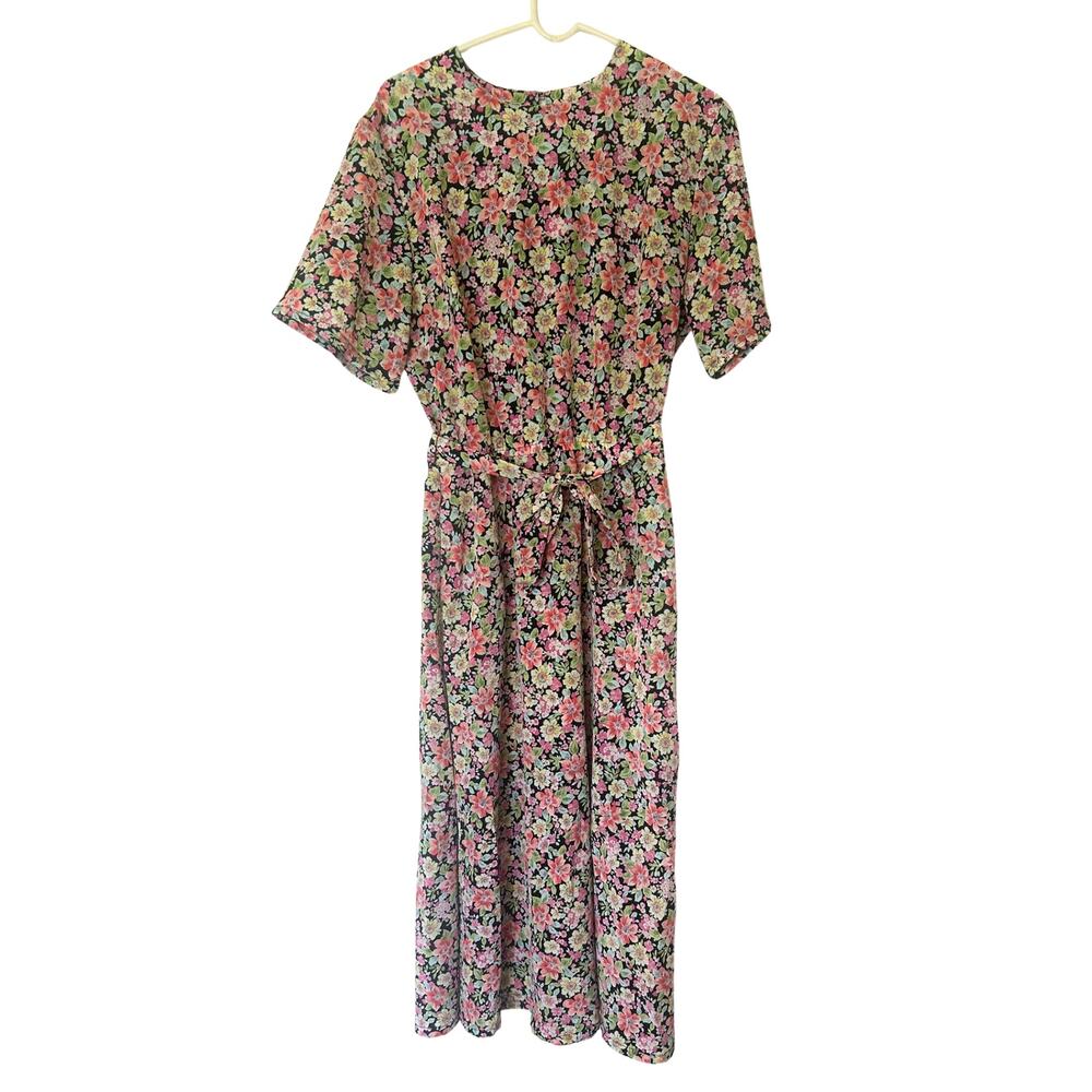 Vintage TOG Shop Floral Midi Dress USA Size 16 Belted Cottagecore Boho Pockets